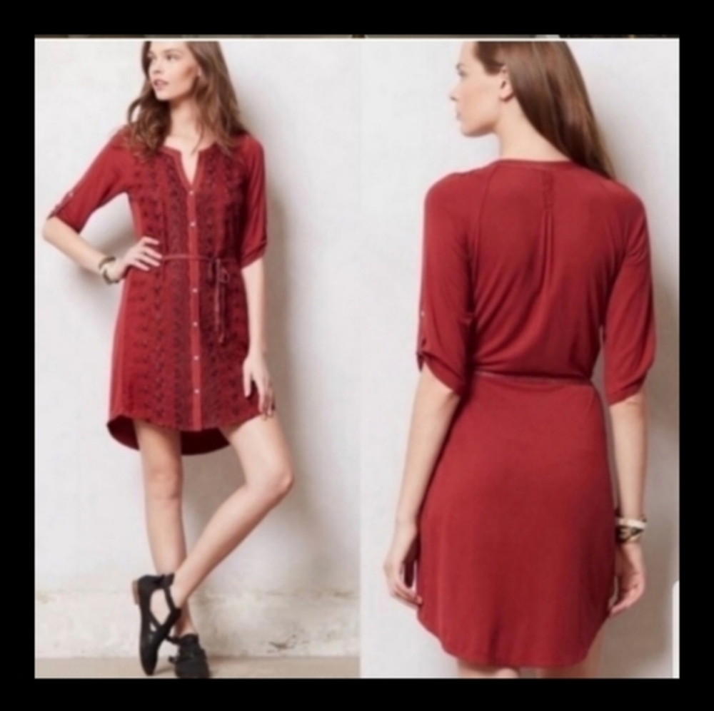 Anthropologie Tiny Burgundy Maroon Embroidery Button Down Belted Dress M